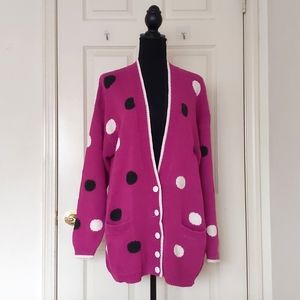 Multicolor Polka Dots Dropped Shoulder Cotton Cardigan Sweater with Pockets.